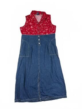 Vintage 90's Teacher Core Red  Cotton and Denim Maxi Dress By Baccini Size 16W